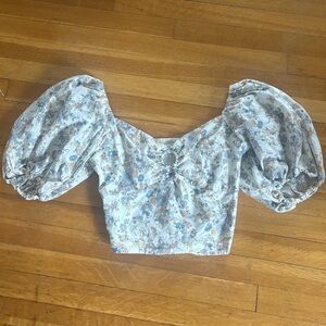 Abercrombie & Fitch Floral Puff Sleeve Blouse - Cream and Blue